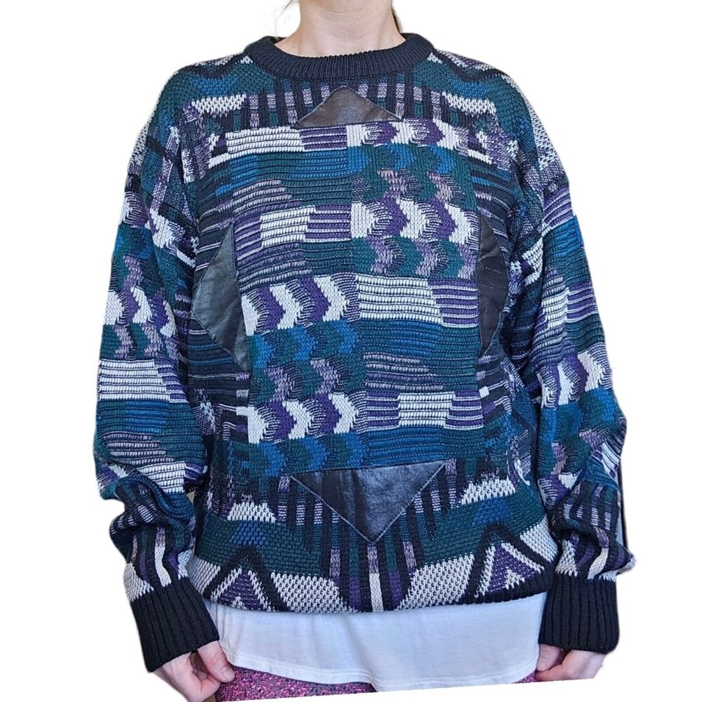 Vintage 80s 90s Mens Large Dad Sweater Faux Leather Patches Geometric Retro